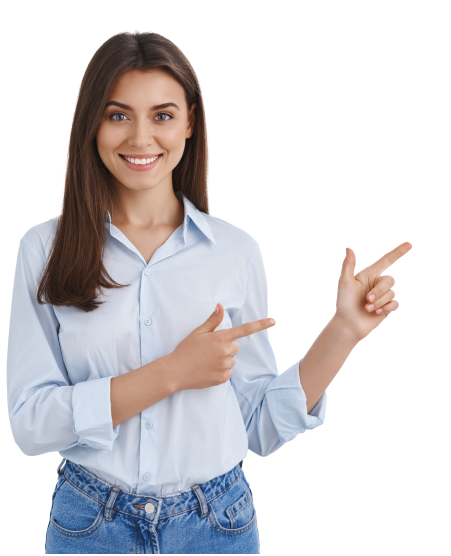 professional smiling young woman help customer find where go showing way pointing finger left grinning friendly pleased answer any questions as introduce new product white background 1